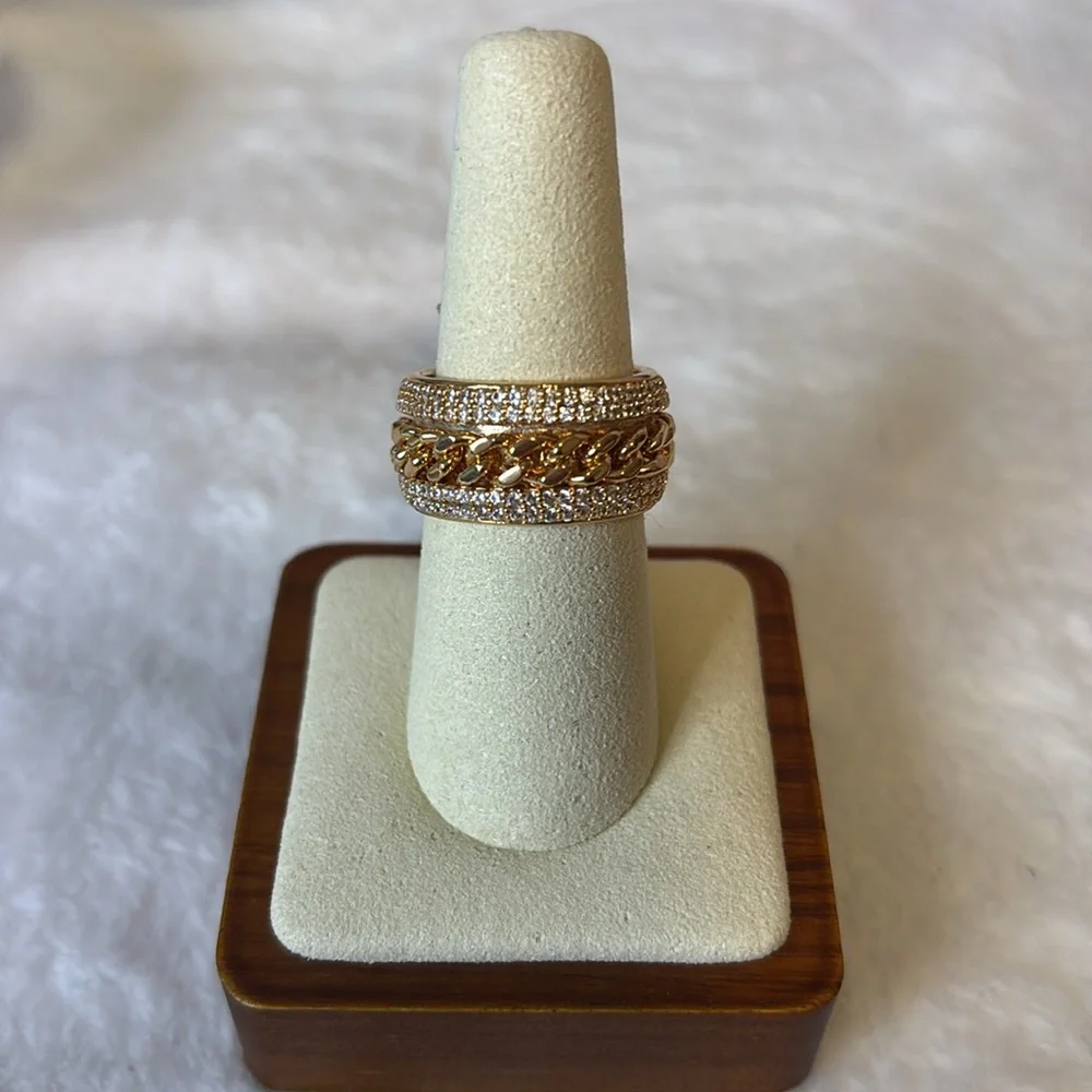 NEW AAA CZ Cuban Link Spinner Band Ring 18k Gold Filled - Picture 3 of 10